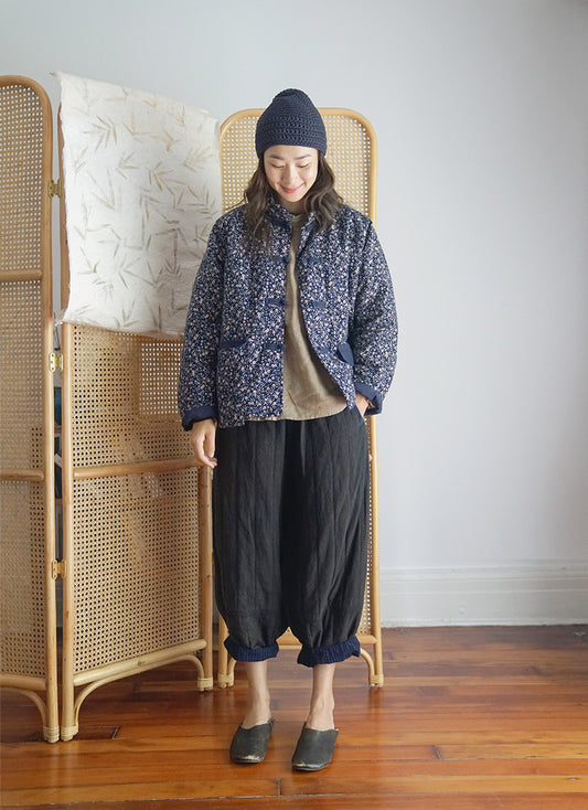 Blue Little Floral Padded Coat with Chinese Button