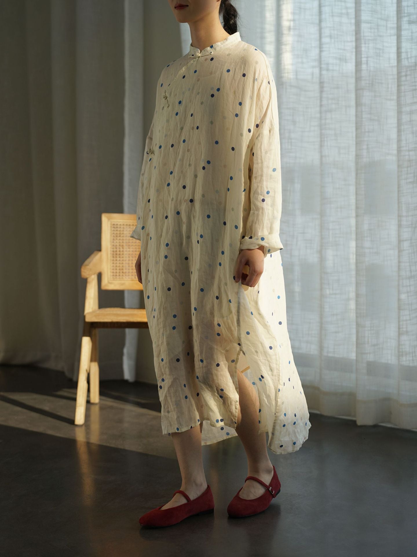 Blue Polka Dot Cheongsam Cocoon Dress