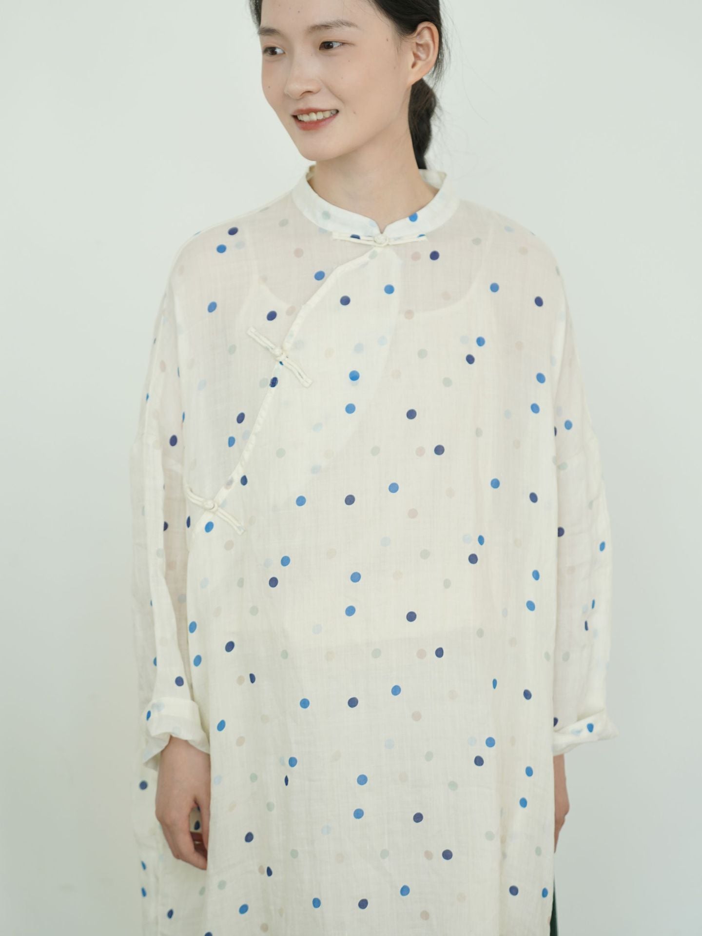 Blue Polka Dot Cheongsam Cocoon Dress