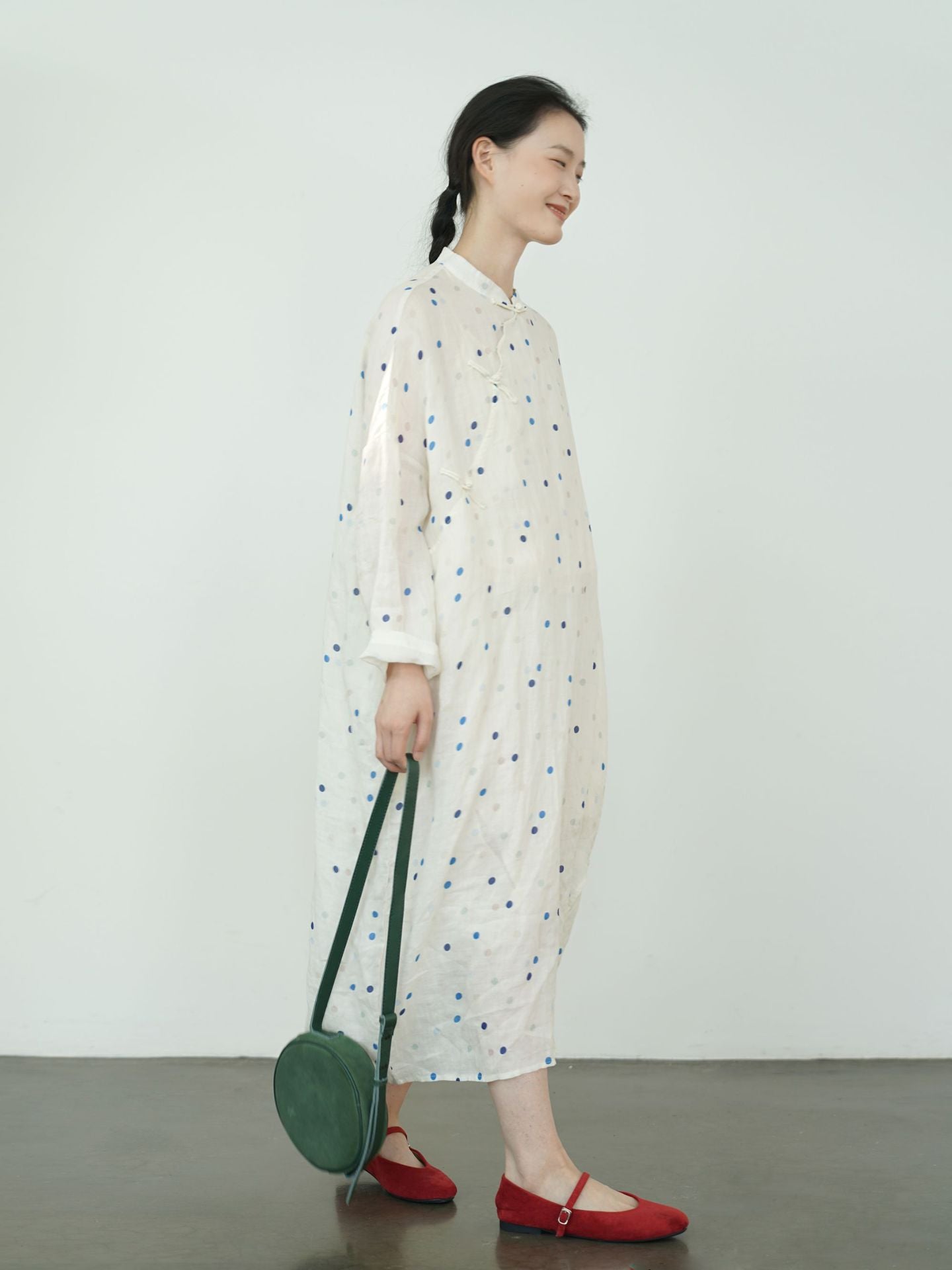 Blue Polka Dot Cheongsam Cocoon Dress
