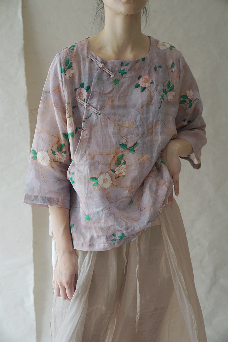 Camellia Print Cheongsam Top