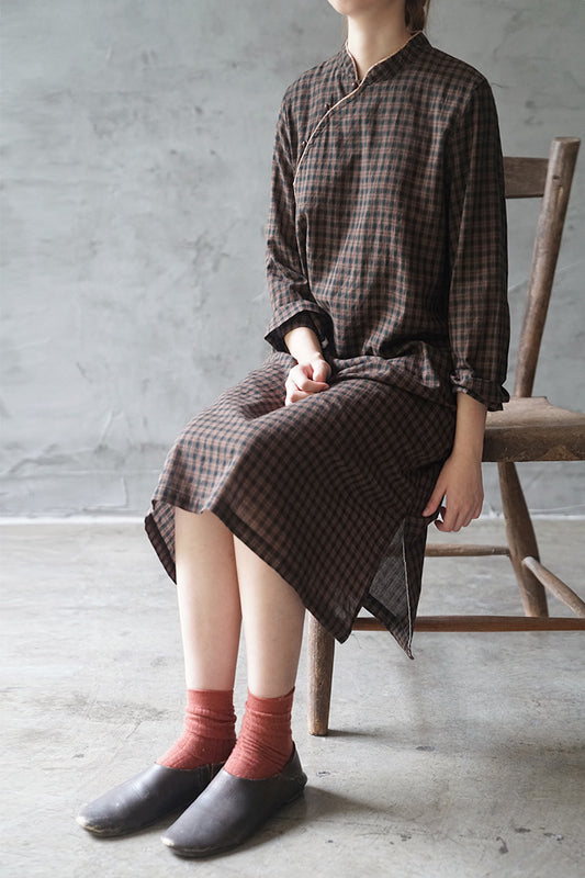 Checked Cheongsam Qipao Dress in Dark Brown