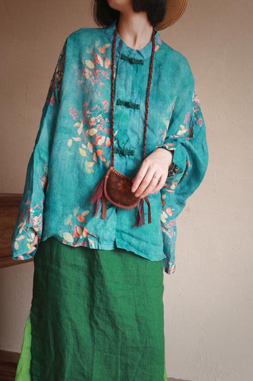 Chinese Button Cheongsam Qipao Maxi Top -  Green Autumn Leaves