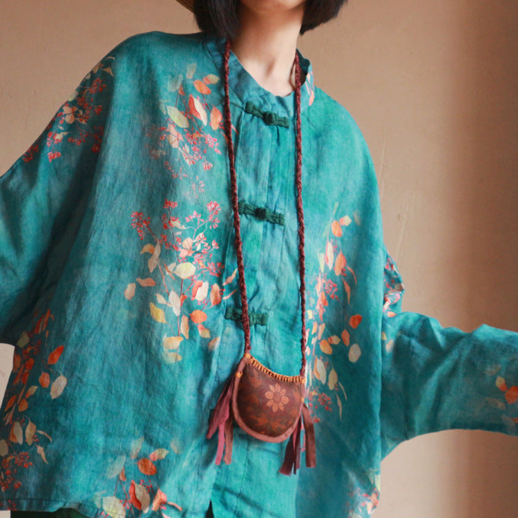 Chinese Button Cheongsam Qipao Maxi Top -  Green Autumn Leaves