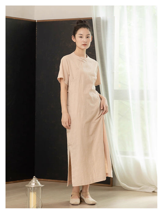 Classic Linen Cheongsam Dress in Beige