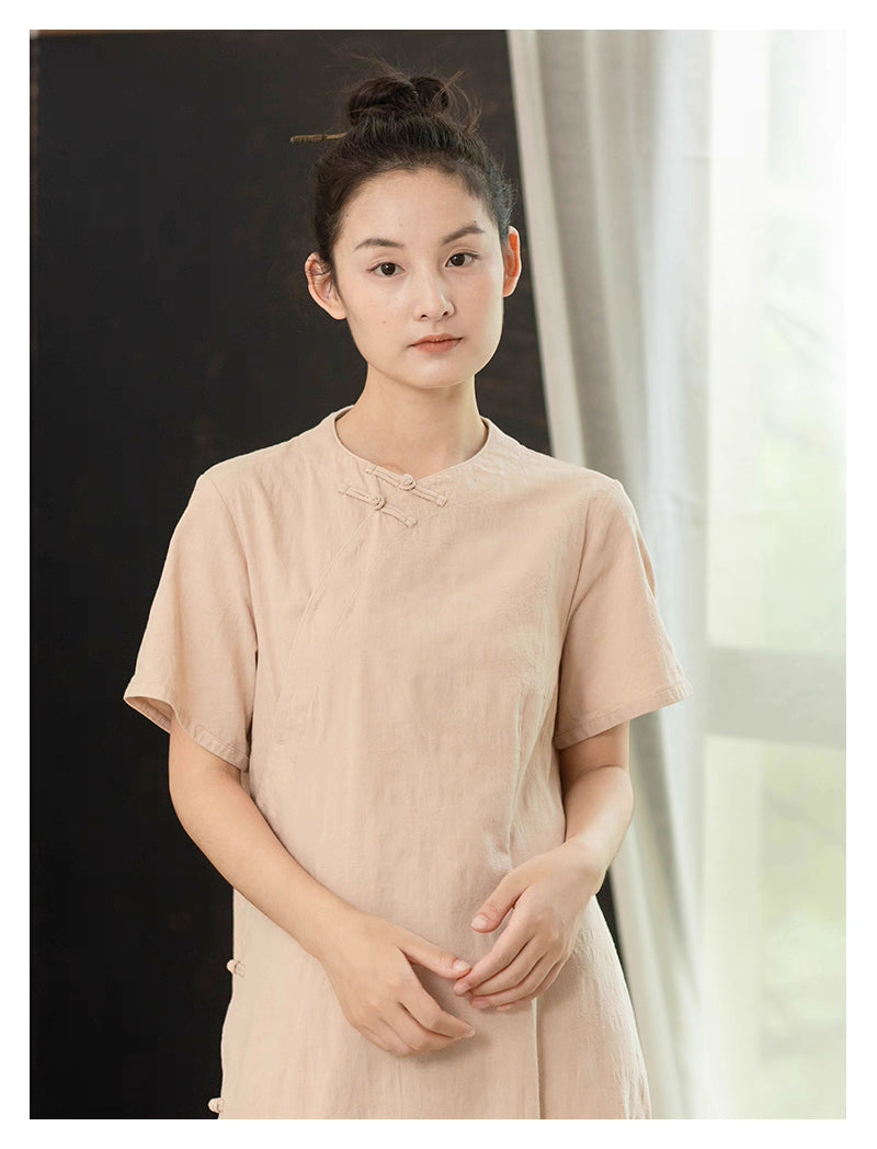 Classic Linen Cheongsam Dress in Beige