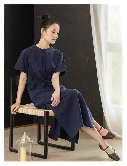 Classic Linen Cheongsam Dress in Midnight Blue