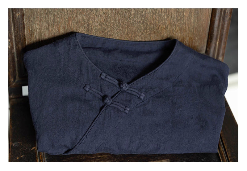 Classic Linen Cheongsam Dress in Midnight Blue