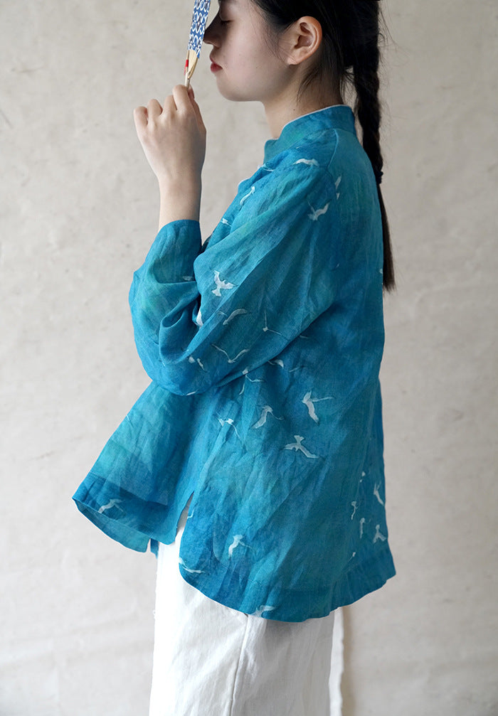 Crane Cheongsam Top in Turquoise