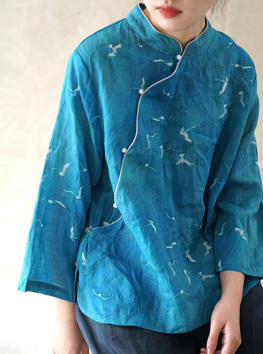 Crane Cheongsam Top in Turquoise