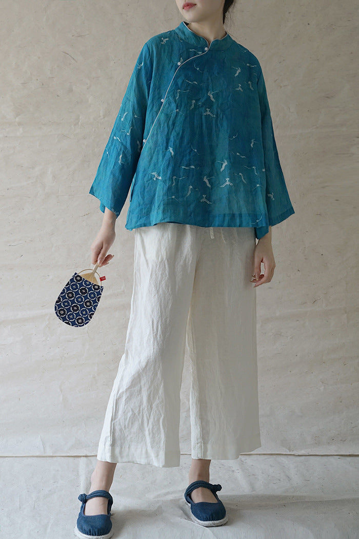 Crane Cheongsam Top in Turquoise