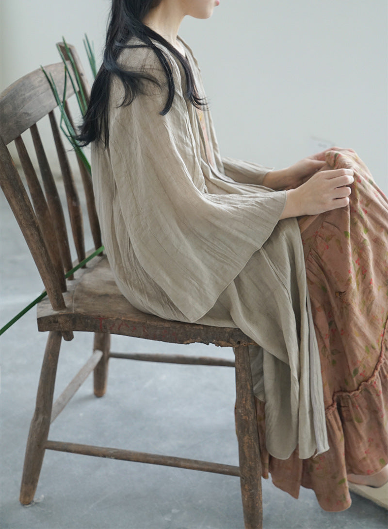 Crinkled Ramie Outer Coat in Light Brown