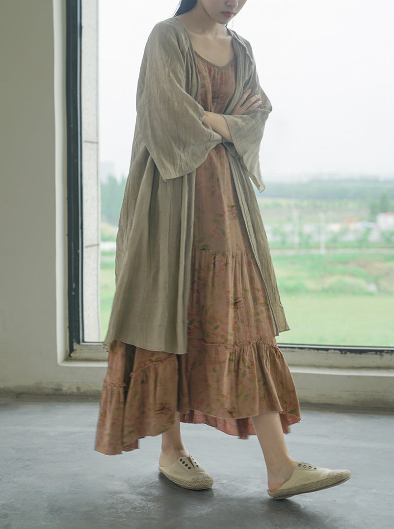 Crinkled Ramie Outer Coat in Light Brown