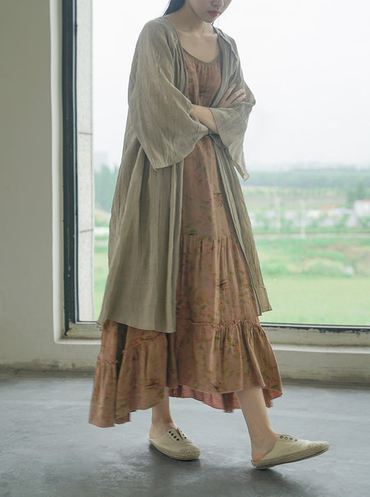 Crinkled Ramie Outer Coat in Light Brown