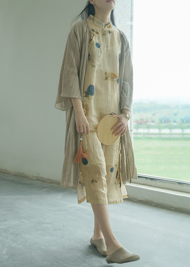 Crinkled Ramie Outer Coat in Light Brown