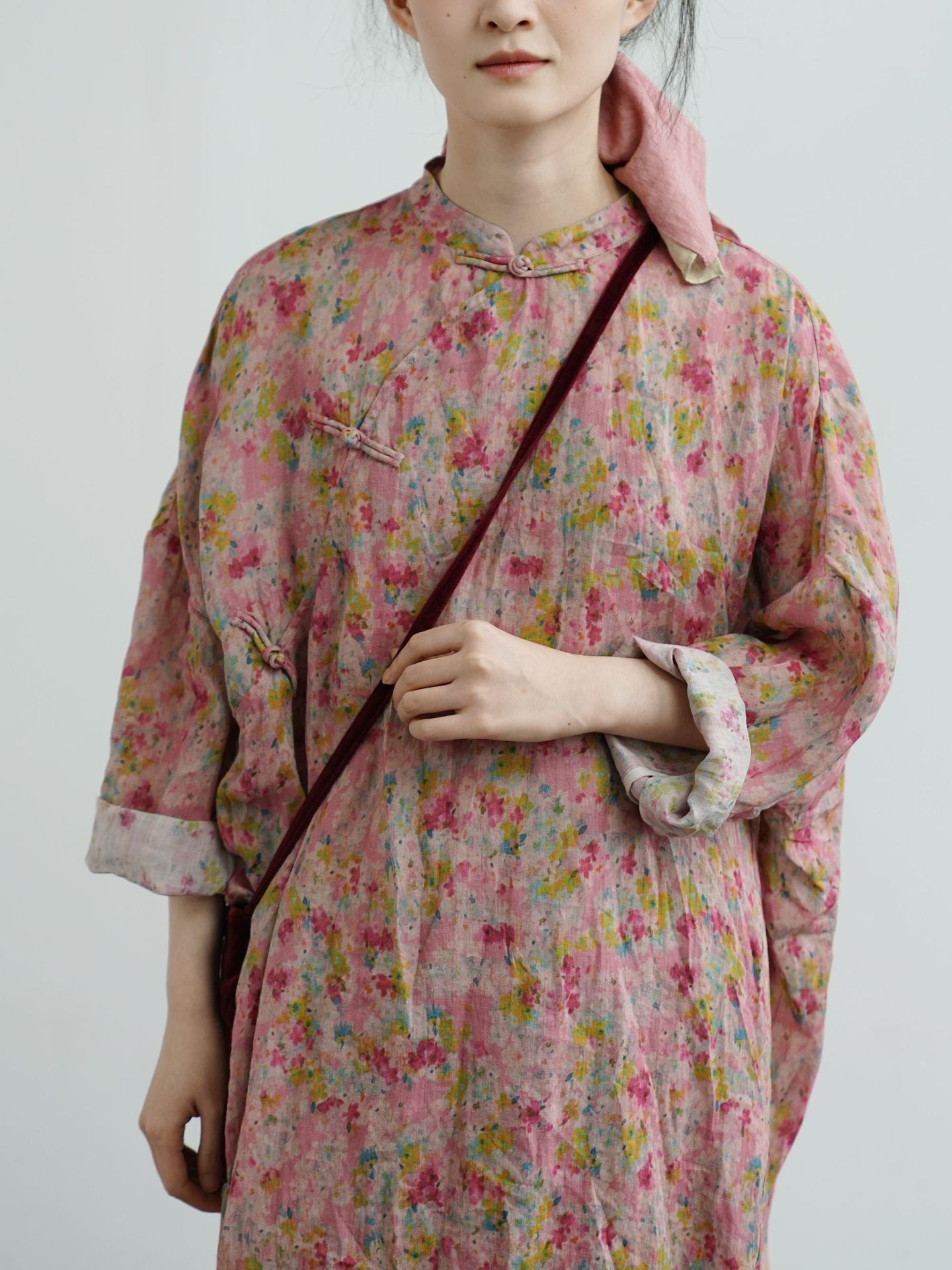 Deep Pink Floral Cheongsam Cocoon Dress