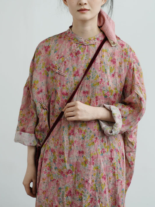 Deep Pink Floral Cheongsam Cocoon Dress