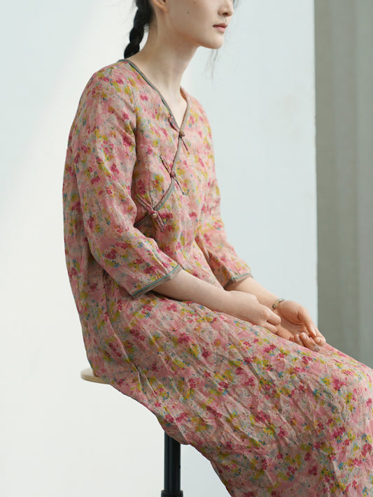 Deep Pink Floral V-Neck Cheongsam Qipao Dress