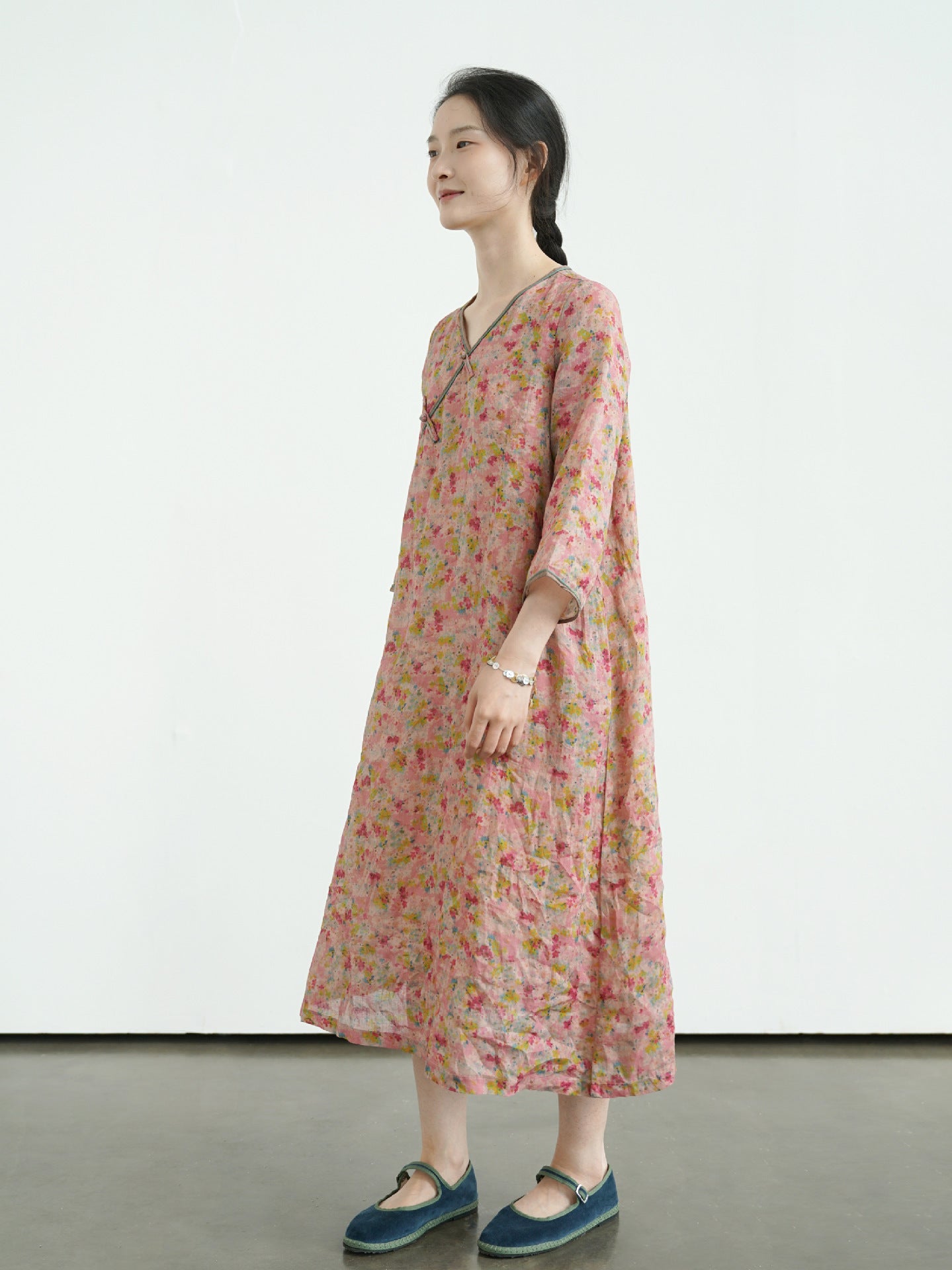 Deep Pink Floral V-Neck Cheongsam Qipao Dress