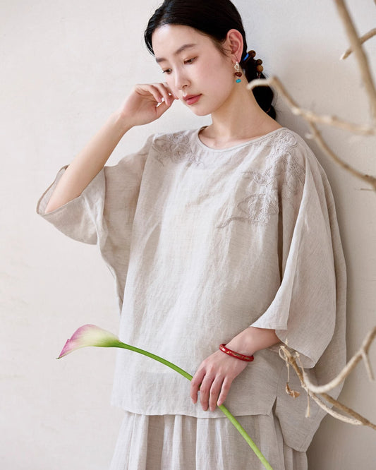 Embroidered Ramie Top in Beige