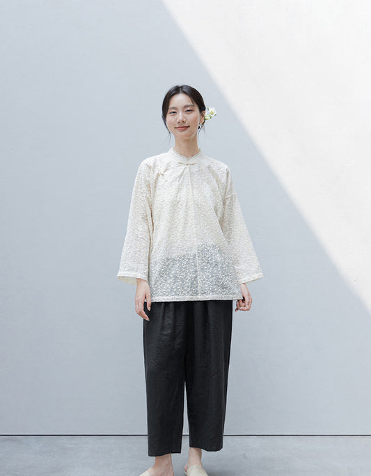 Floral Embroidered Cheongsam Qipao Top in Beige