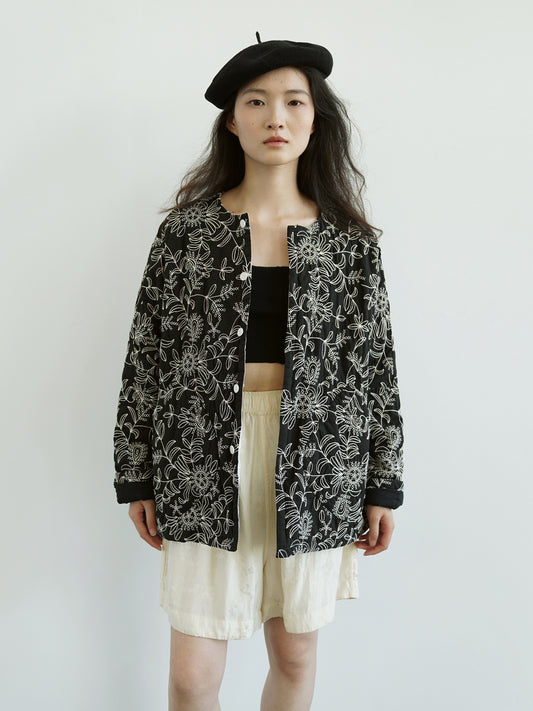 Floral Embroidered Padded Outer Coat in Black