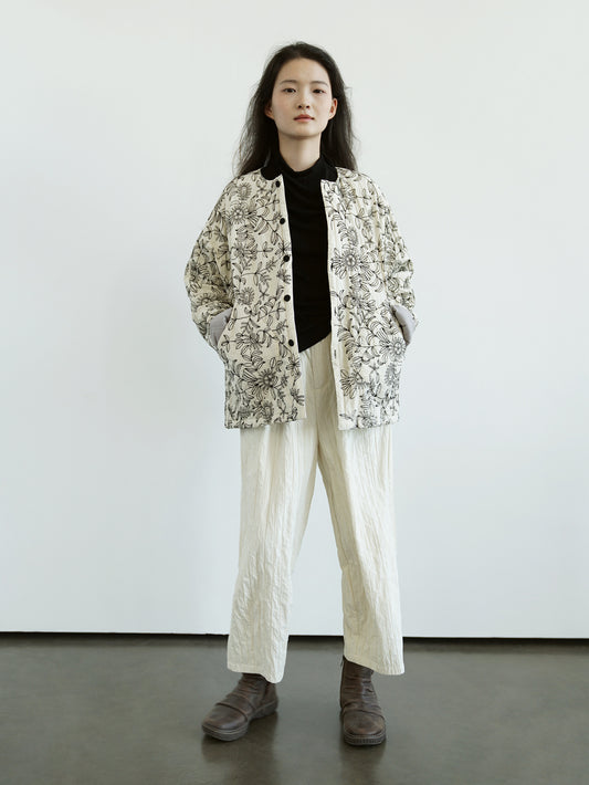 Floral Embroidered Padded Outer Coat in White