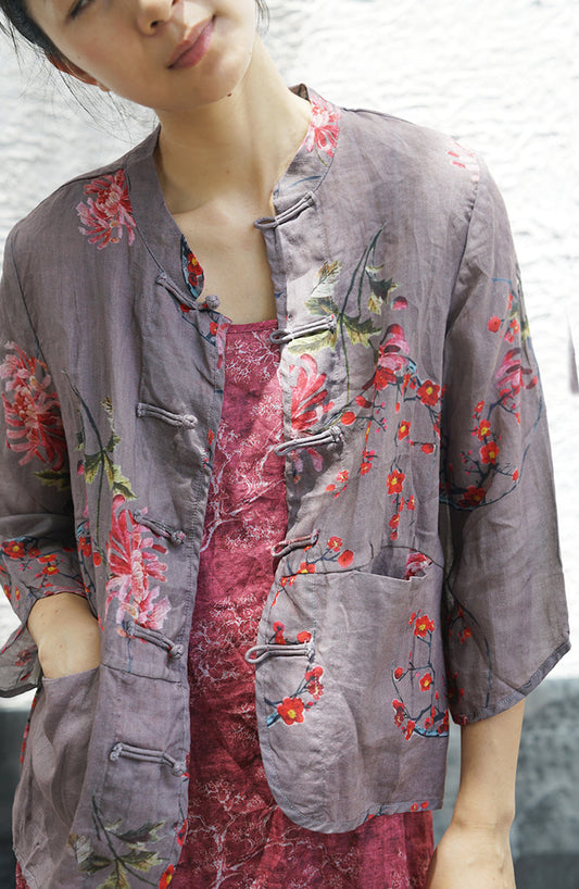 Floral Print Chinese Button Top in Purple