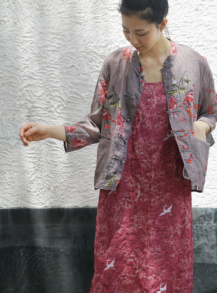 Floral Print Chinese Button Top in Purple