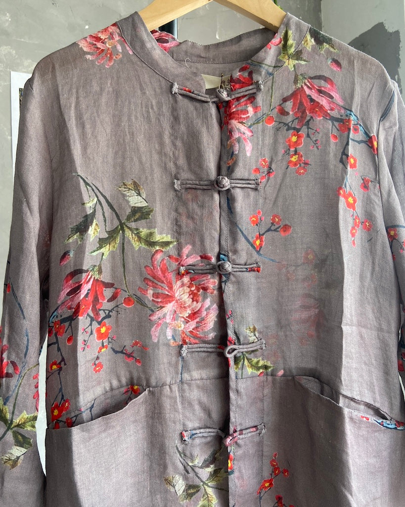 Floral Print Chinese Button Top in Purple