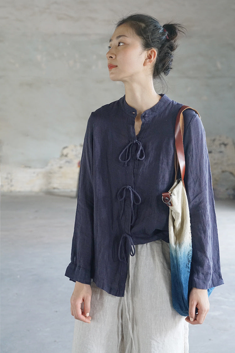 French Style Linen Top with Ribbon in Navy Blue