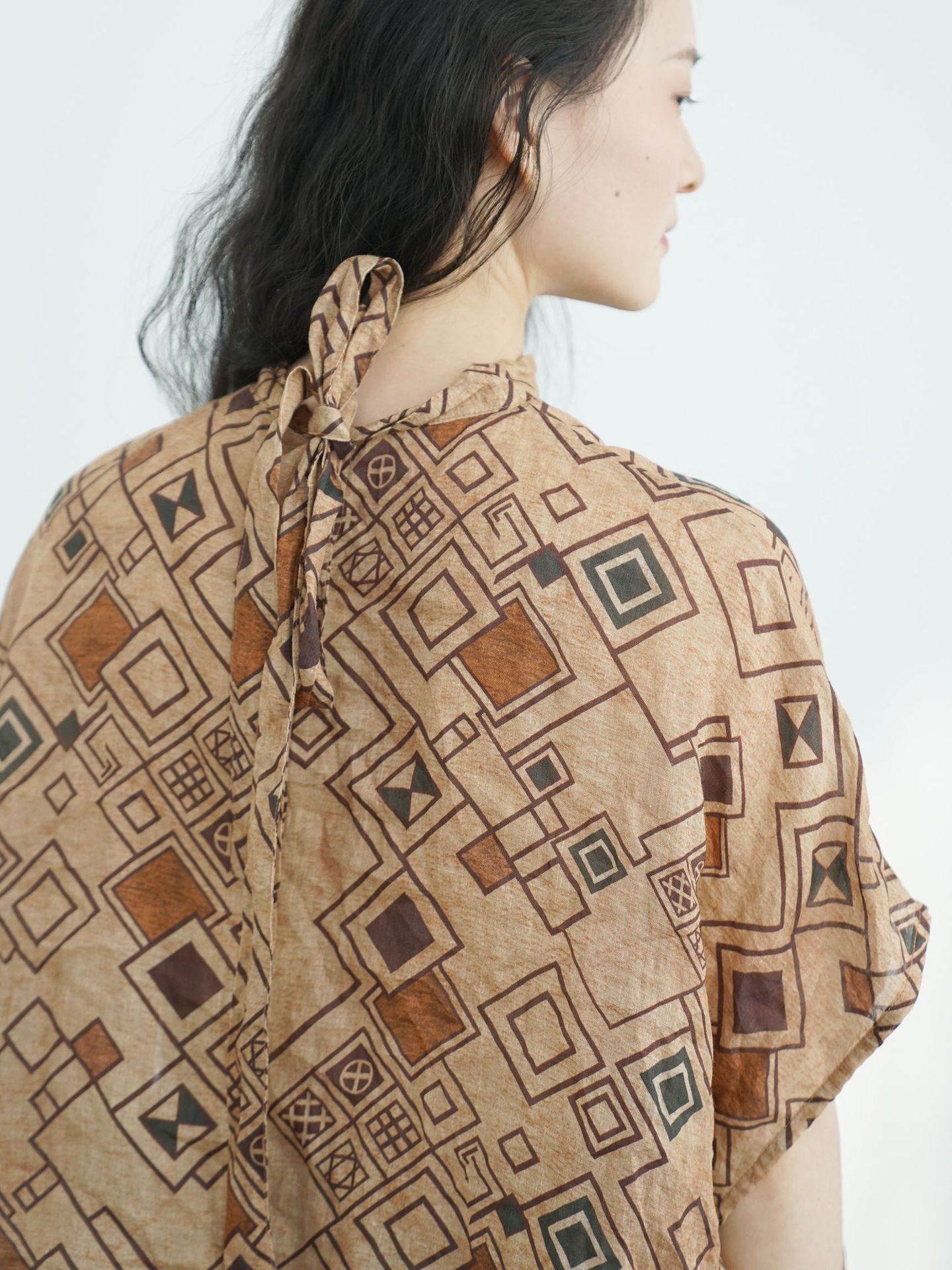 Brown Geometric Print Wide Sleeve Top