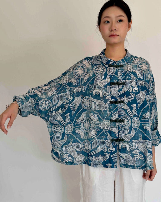 Chinese Button Butterfly Sleeve Cheongsam Qipao Top in Blue Print
