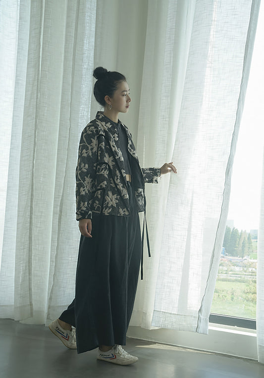 Leafy Textured Cotton Outer Coat with Ribbon