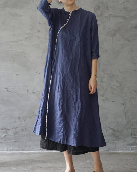 Linen Cheongsam Dress with Lace in Blue