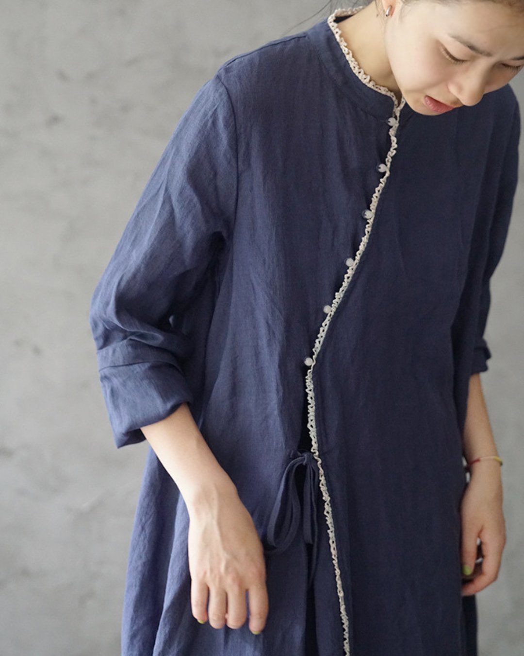 Linen Cheongsam Dress with Lace in Blue