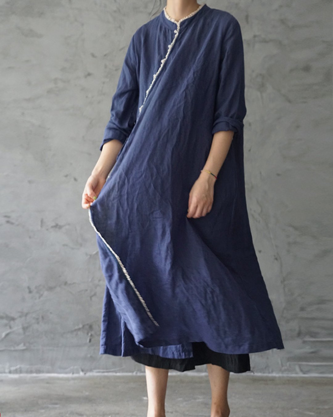 Linen Cheongsam Dress with Lace in Blue