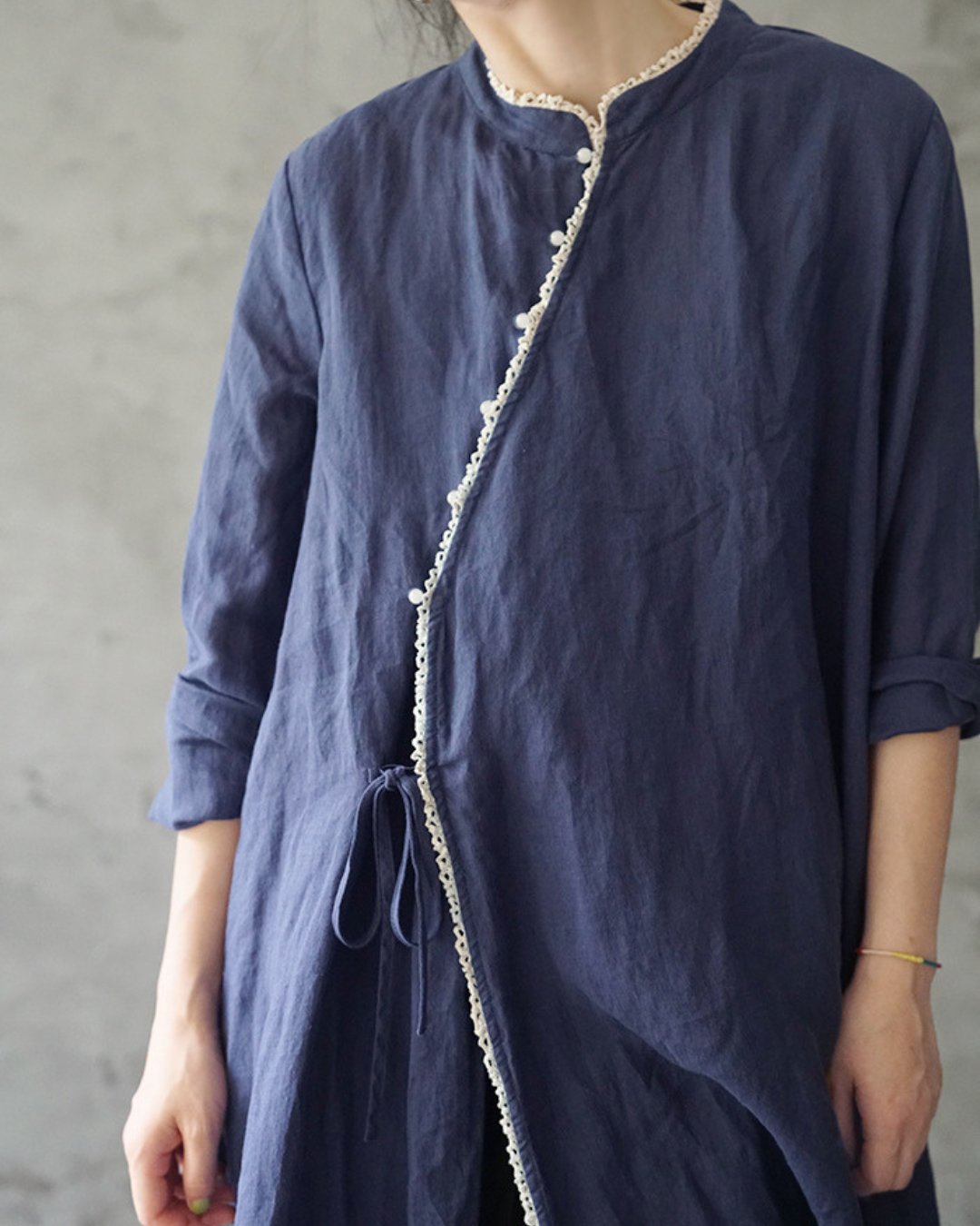 Linen Cheongsam Dress with Lace in Blue