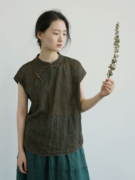 Little Green Floral Cap Sleeve Cheongsam Top