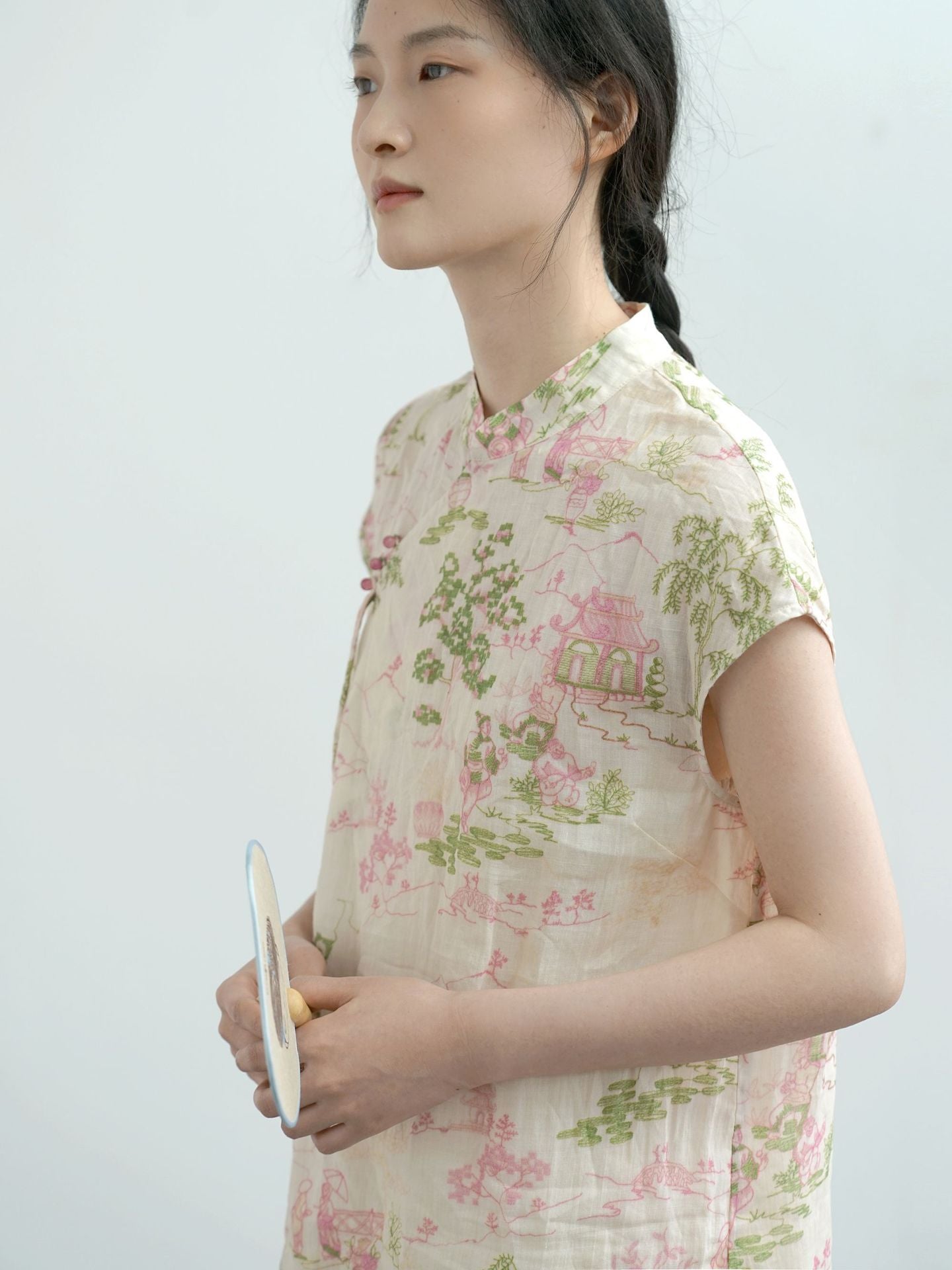 Pink and Green Painting Cheongsam Qipao Dress