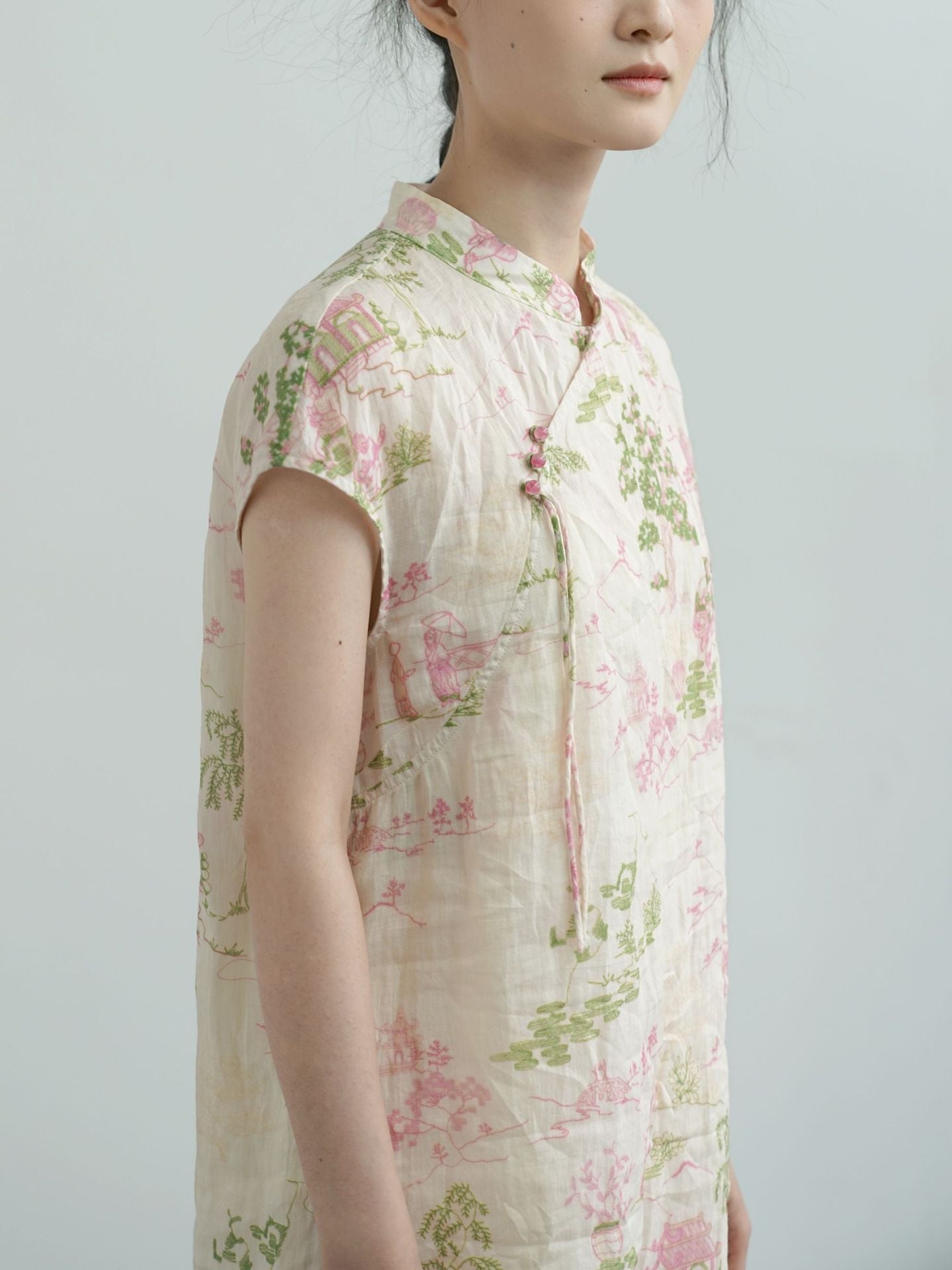 Pink and Green Painting Cheongsam Qipao Dress