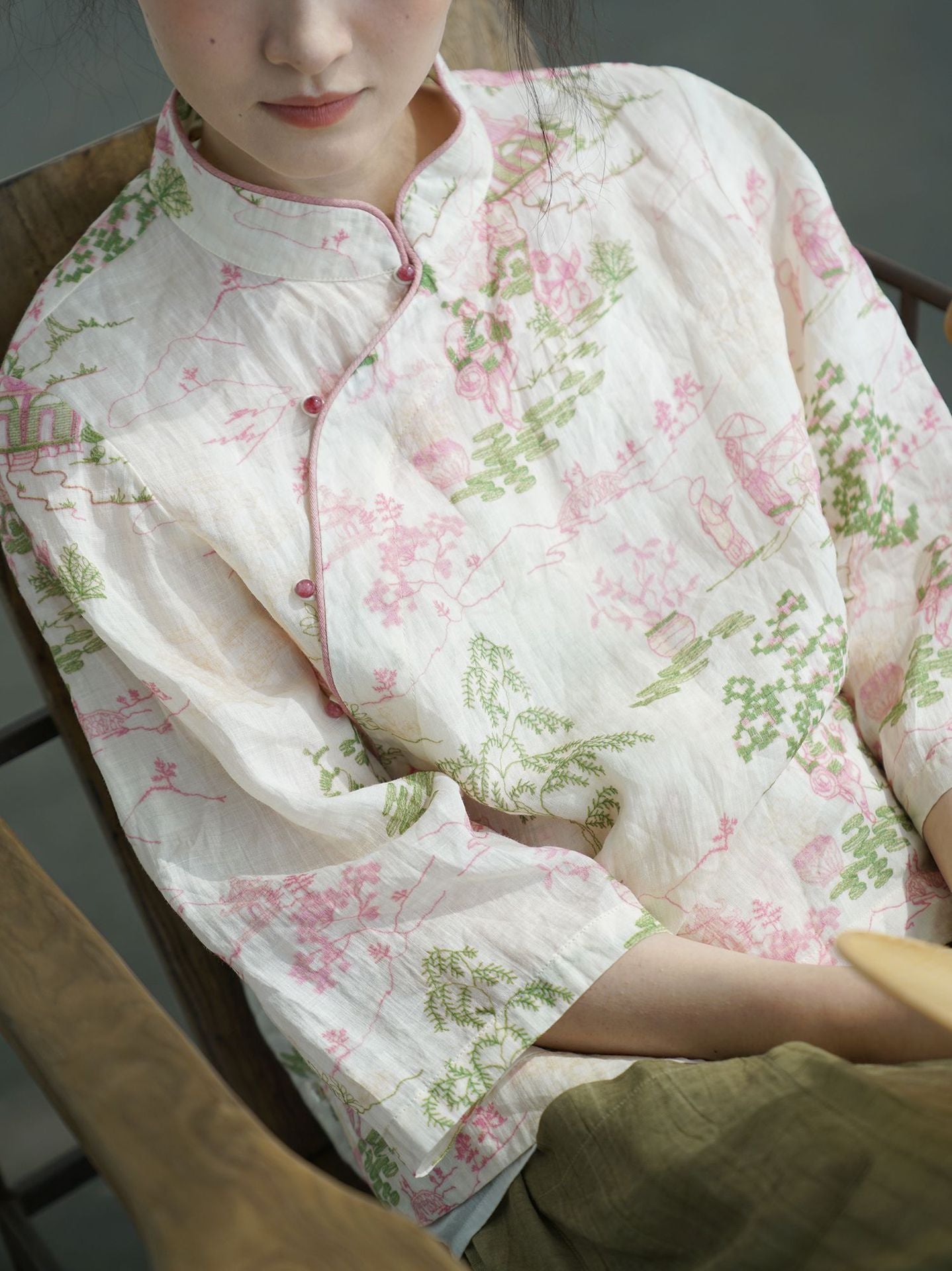Pink and Green Painting Cheongsam Qipao Top