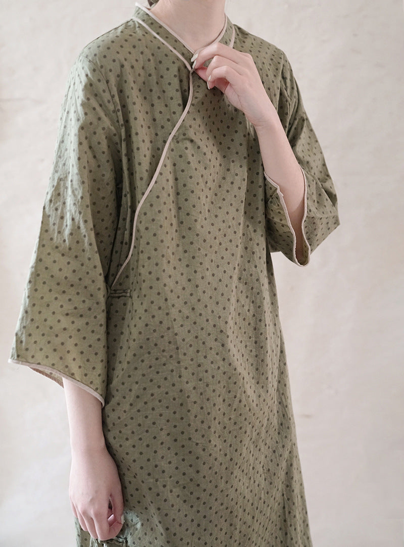 Polka Dot Cheongsam Dress 3/4 Sleeve in Army Green