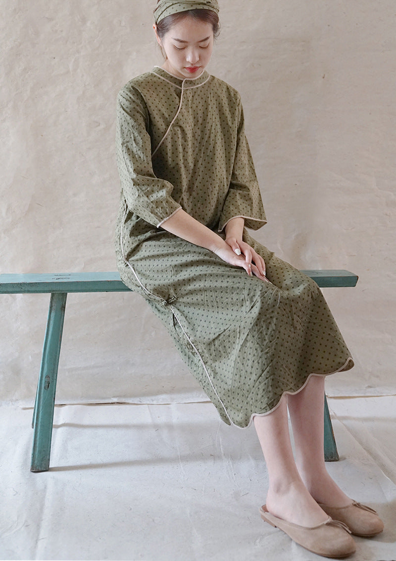 Polka Dot Cheongsam Dress 3/4 Sleeve in Army Green