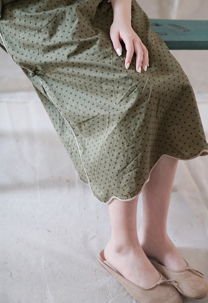 Polka Dot Cheongsam Dress 3/4 Sleeve in Army Green