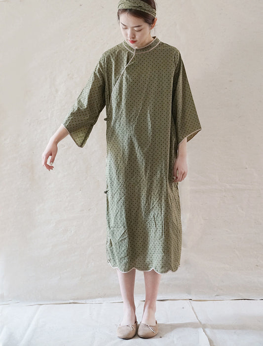 Polka Dot Cheongsam Dress 3/4 Sleeve in Army Green