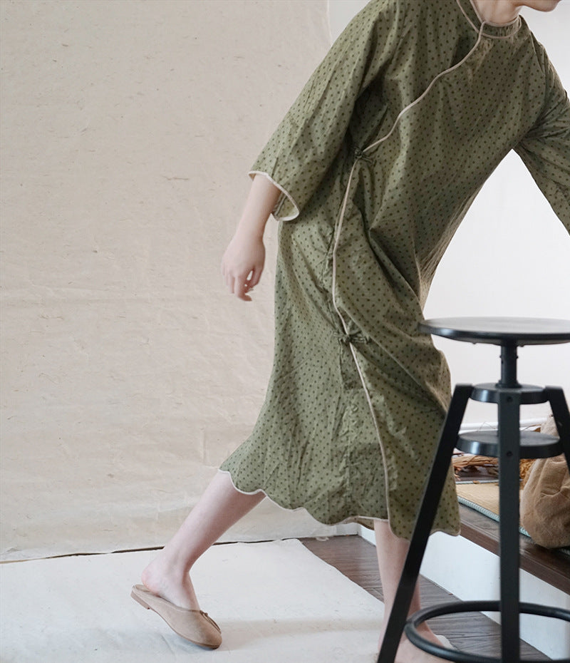 Polka Dot Cheongsam Dress 3/4 Sleeve in Army Green