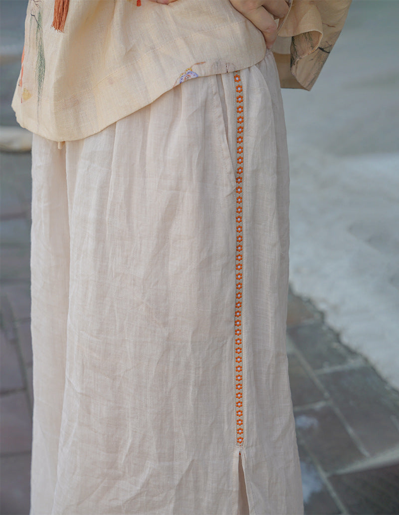 Double Layered Ramie Pants with Floral Lace in Beige