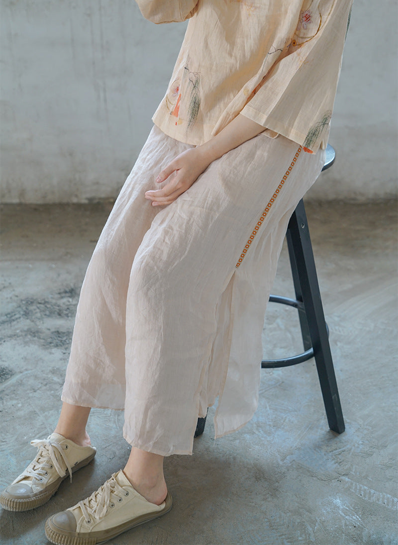 Double Layered Ramie Pants with Floral Lace in Beige