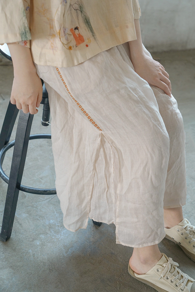 Double Layered Ramie Pants with Floral Lace in Beige